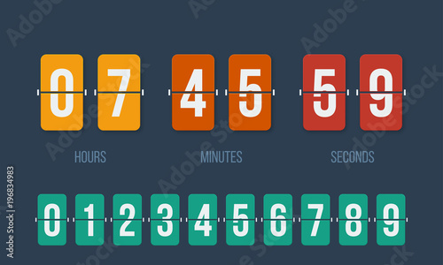 Flip countdown clock counter timer. Vector time remaining count down flip board with scoreboard of day, hour, minutes and seconds for web page upcoming event template design, under constuction page. photo