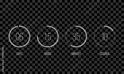 Vector countdown circle clock counter timer. Vector digital count down circle board with circle time pie diagram. Scoreboard of day, hour, minutes and seconds template design on transparent background