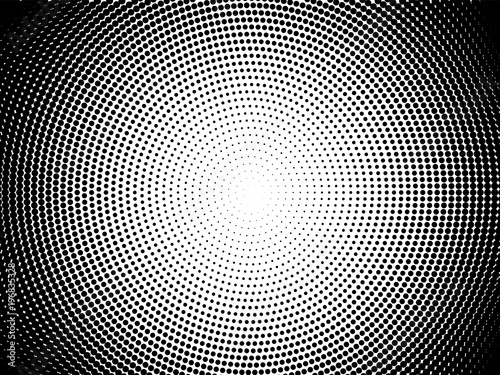 Radial halftone pattern texture. Vector black and white radial dot gradient background for retro, vintage wallpaper graphic effect. Monochrome pop art dot overlay for poster illustration