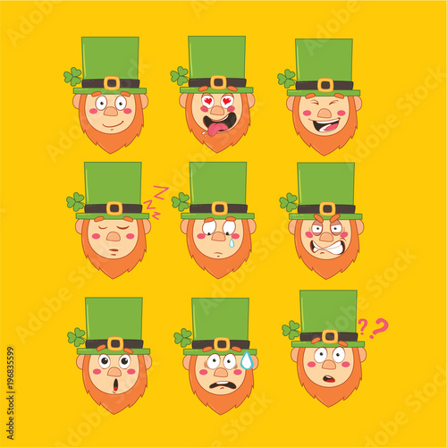 saint patrick emoji, leprechaun smile icons set, vector, cartoon, design, color