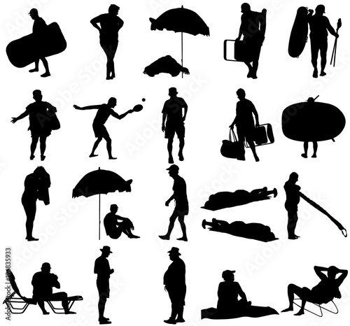 Seniors on beach holiday vector illustration. Mature persons sunbathing vector silhouette. Older people camping. Sunny day, Skin care protection. Old people active summer life. Man and woman.