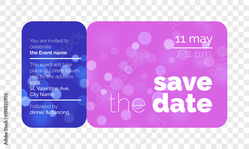 Save the Date wedding celebration invitation card template design. Vector wedding party event invitation in creative ticket concept isolated on transparent background