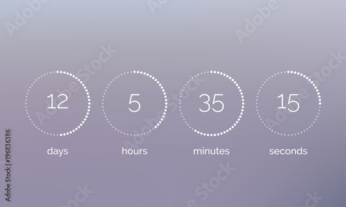 Countdown clock counter timer. Vector digital count down circle board with circle time pie diagram. Scoreboard of day, hour, minutes and seconds for web page upcoming event template design.