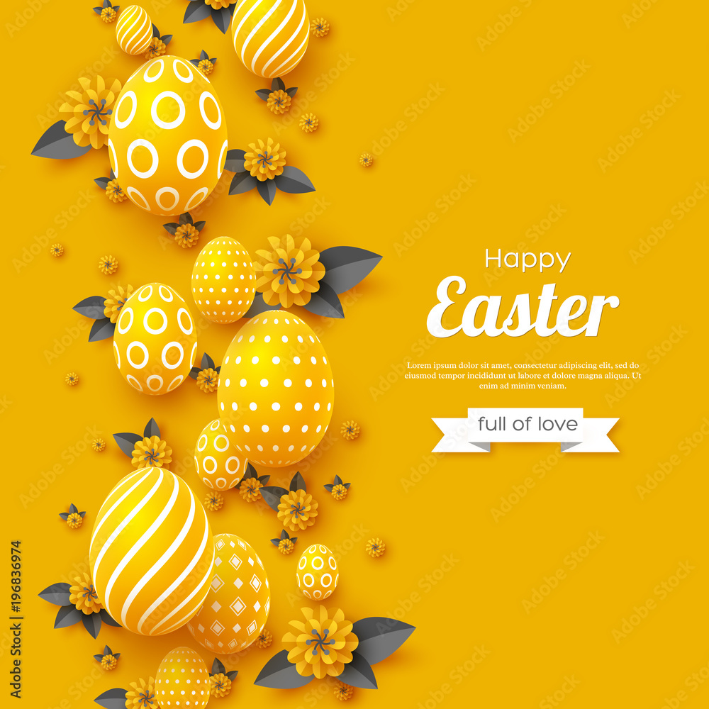 Obraz premium Easter holiday greeting card. Paper cut flowers yellow and grey colors with 3d eggs, holiday background. Vector illustration.