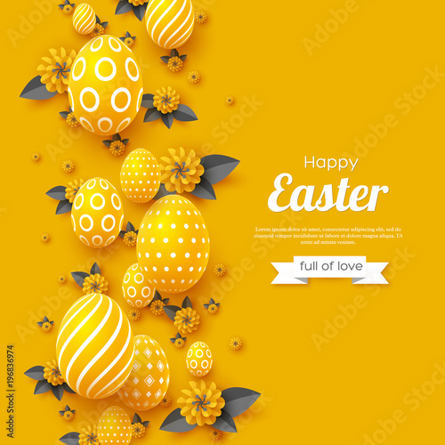 Easter holiday greeting card. Paper cut flowers yellow and grey colors with 3d eggs, holiday background. Vector illustration. photo