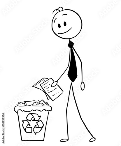 Cartoon stick man drawing conceptual illustration of businessman throwing paper in recycle trash bin. Business concept of recycling and environmental responsibility.