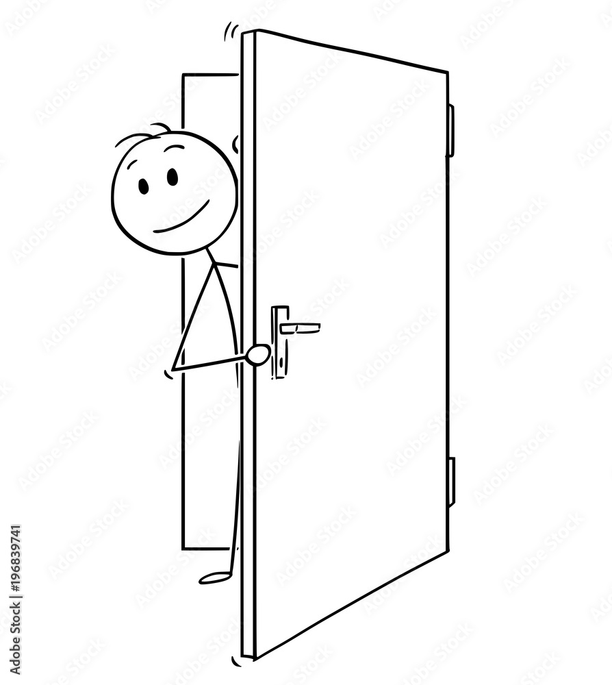Cartoon Stick Man Drawing Conceptual Illustration Of Smiling Businessman Peeping Out Of The Open Door Stock Vector Adobe Stock