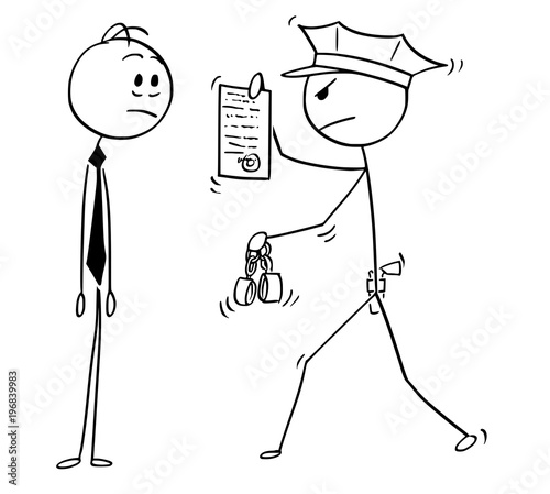Cartoon stick man drawing conceptual illustration of businessman arrested by policeman. Business concept of crime and punishment.