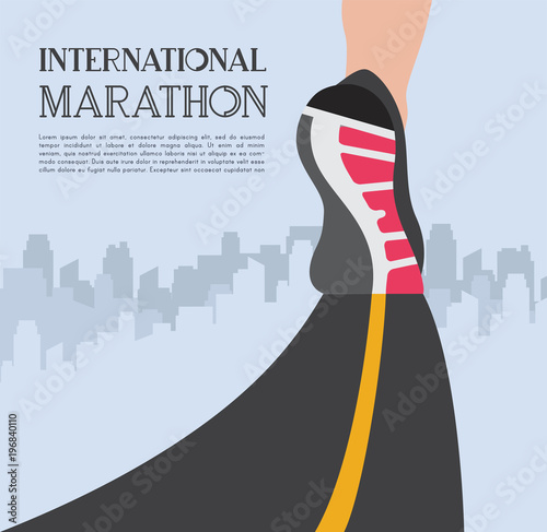 city running marathon. athlete runner feet running on road closeup on shoe in skyscraper city landscape background. illustration vector