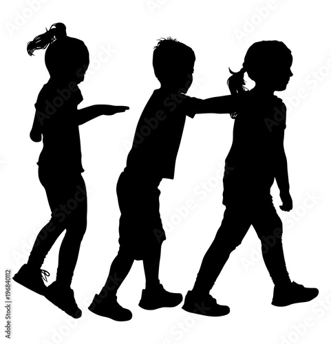 Children play train game vector silhouette illustration isolated on white background. Group of ten running in the park kids, boys and girls, plays a train game by holding shoulder of the ahead child.