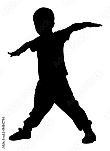 Happy joyful kid, little boy doing exercises , vector silhouette illustration isolated on white background. boy playing like a plane.