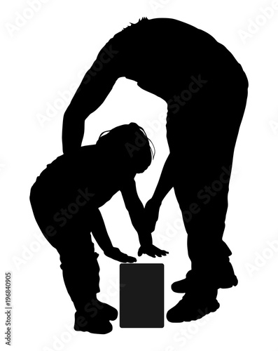 Physiotherapist and kid, boy exercising in rehabilitation center, vector silhouette illustration isolated. Doctor supports the child during physiotherapy treatment. holding hands making first steps.