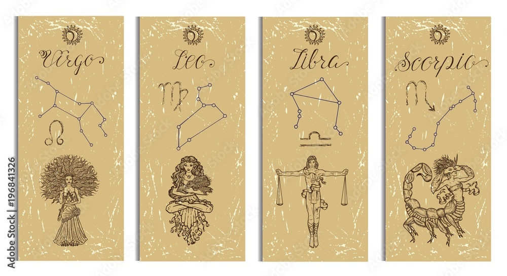 Set with Leo, Virgo, Libra and Scorpio Zodiac symbols banners on texture. Hand drawn vector illustration. Template background, suitable for print, card, poster, bookmark