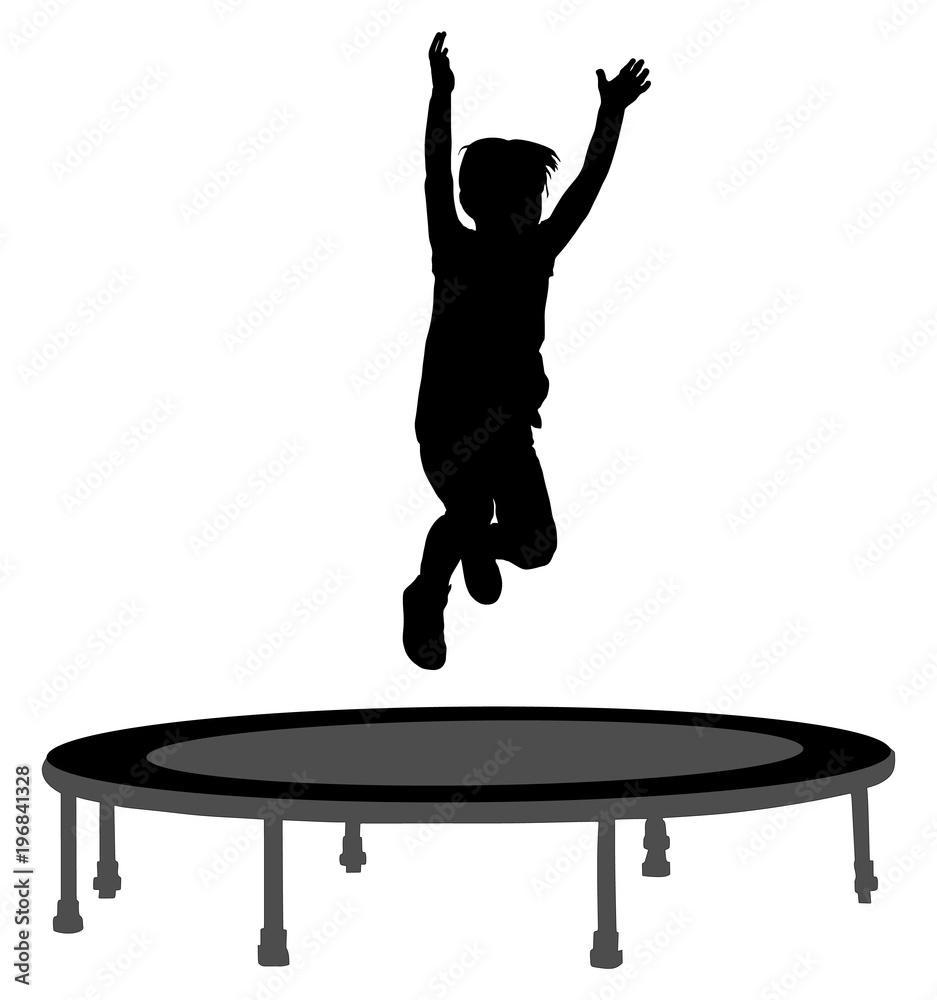 Child silhouette jumping on garden trampoline vector illustration