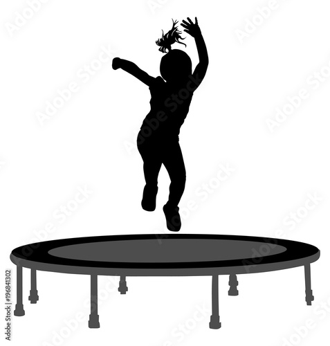 Child silhouette jumping on garden trampoline vector illustration. Happy girl jumping on trampoline.