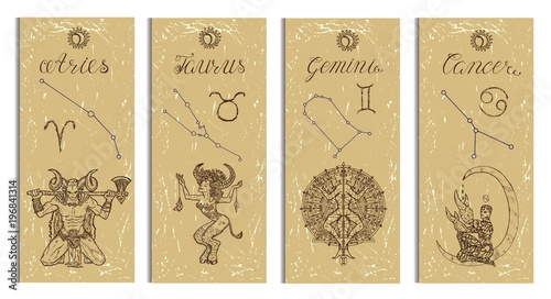 Set with Aries, Bull, Gemini and Cancer Zodiac symbols banners on texture. Hand drawn graphic illustration. Template background, suitable for print, card, poster, bookmark