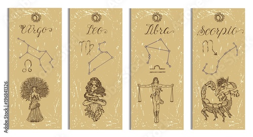 Set with Leo, Virgo, Libra and Scorpio Zodiac symbols banners on texture. Hand drawn vector illustration. Template background, suitable for print, card, poster, bookmark