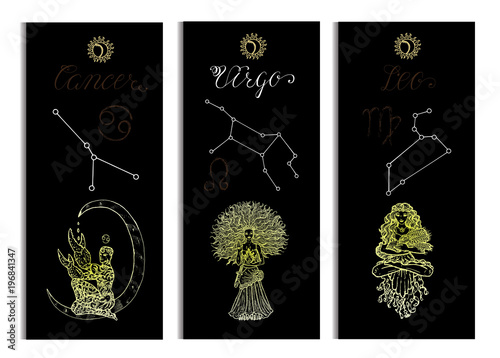 Set with Cancer, Leo and Virgo Zodiac symbols banners on black. Hand drawn vector illustration. Template background, suitable for print, card, poster, bookmark