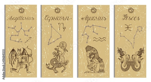 Set with Archer, Capricorn, Aquarius and Pisces Zodiac symbols banners on texture. Hand drawn graphic illustration. Template background, suitable for print, card, poster, bookmark