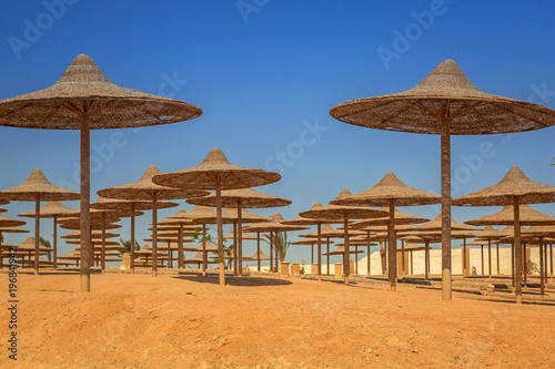 Parasols on the beach of Red Sea in Hurghada  Egypt