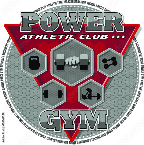 Emblem of the gym. Sports equipment on the background of a red triangle. Background, text and equipments are located on separate layers and can be easily disabled.