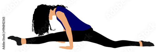 Pretty young woman lying on the floor and doing twine, vector illustration isolated on white background. Athlete woman practicing yoga training