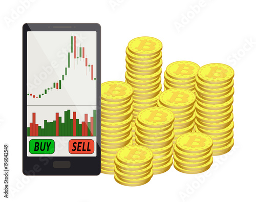 coins bitcoin to the right of the phone