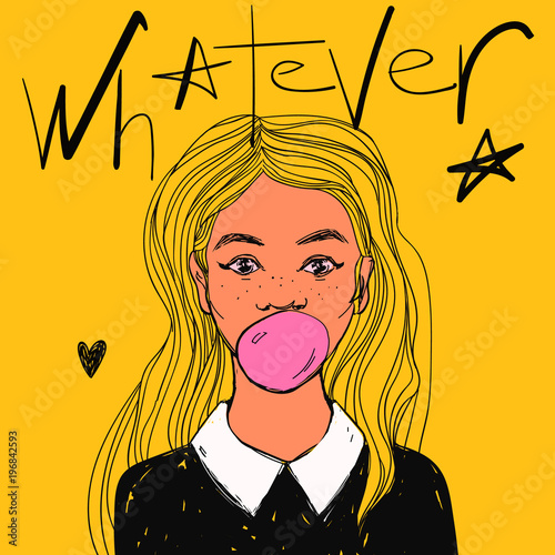 Young cute woman with pink bubble gum, long pink hair and white collar. Hand drawn pop art vector illustration and Whatever text.