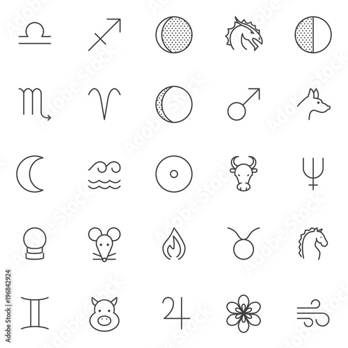 Astrology and zodiac signs outline icons set. linear style symbols collection, line signs pack. vector graphics. Set includes icons as libra, sagittarius, waning crescent, year of dragon, scorpio