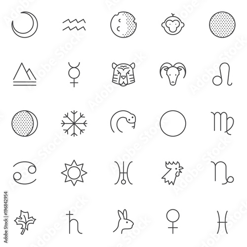 Astrology outline icons set. linear style symbols collection, line signs pack. vector graphics. Set includes icons as crescent moon, aquarius zodiac sign, earth nature element, mercury, virgo  photo