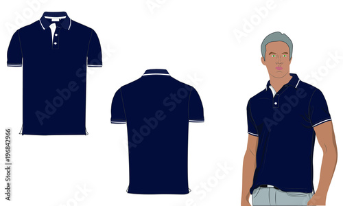 Polo T-shirt Vector Template - Front and Back View and Perspective İllustration