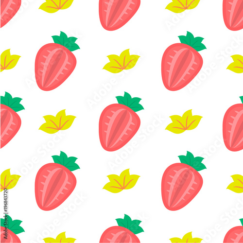 Seamless cute pattern with strawberry and leaf on white background, colorful style