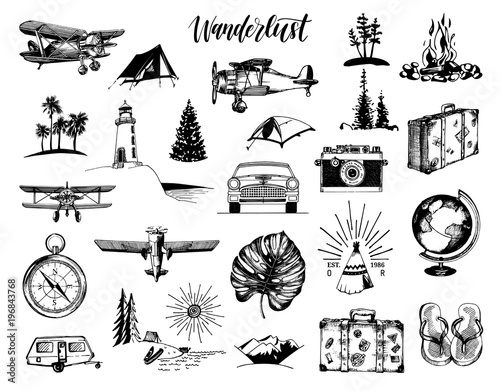Wanderlust hand lettering in vector. Travel icons set. Drawn illustrations collection. Outdoor adventures symbols.