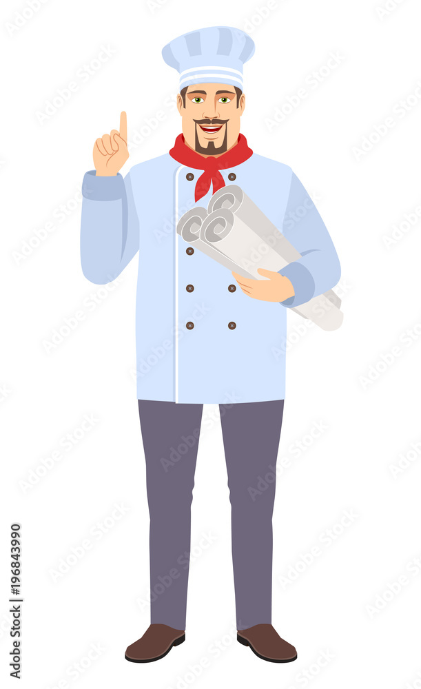 Chef pointing up and holding the project plans Chef pointing up and holding the project plans