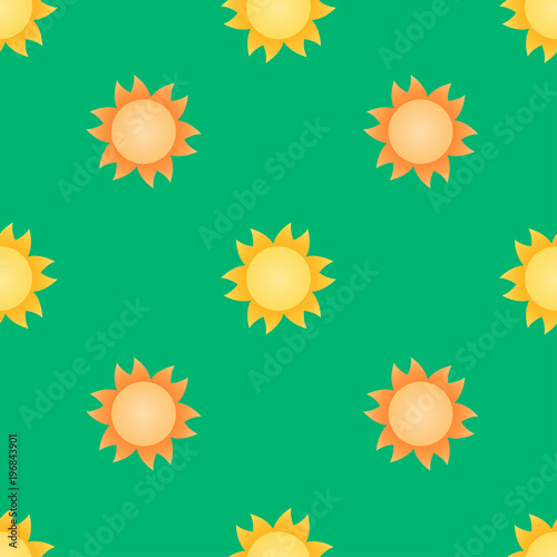 Seamless cute pattern with sun on colorful green background. Summer concept.