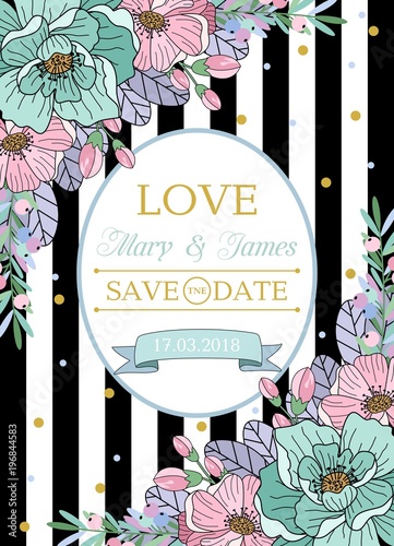 Greeting card, vector wedding invitation design with flowers, buds and leaves. flower background with floral elements for text, background. Template. Frame.