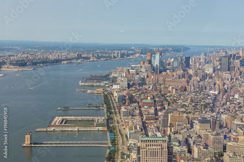 Aerial view of Manhattan skyline on a sunny summer day.