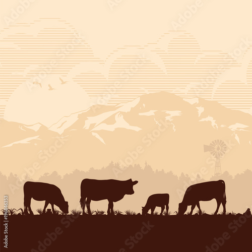 Silhouette of cattle in countryside, Vector Illustration
