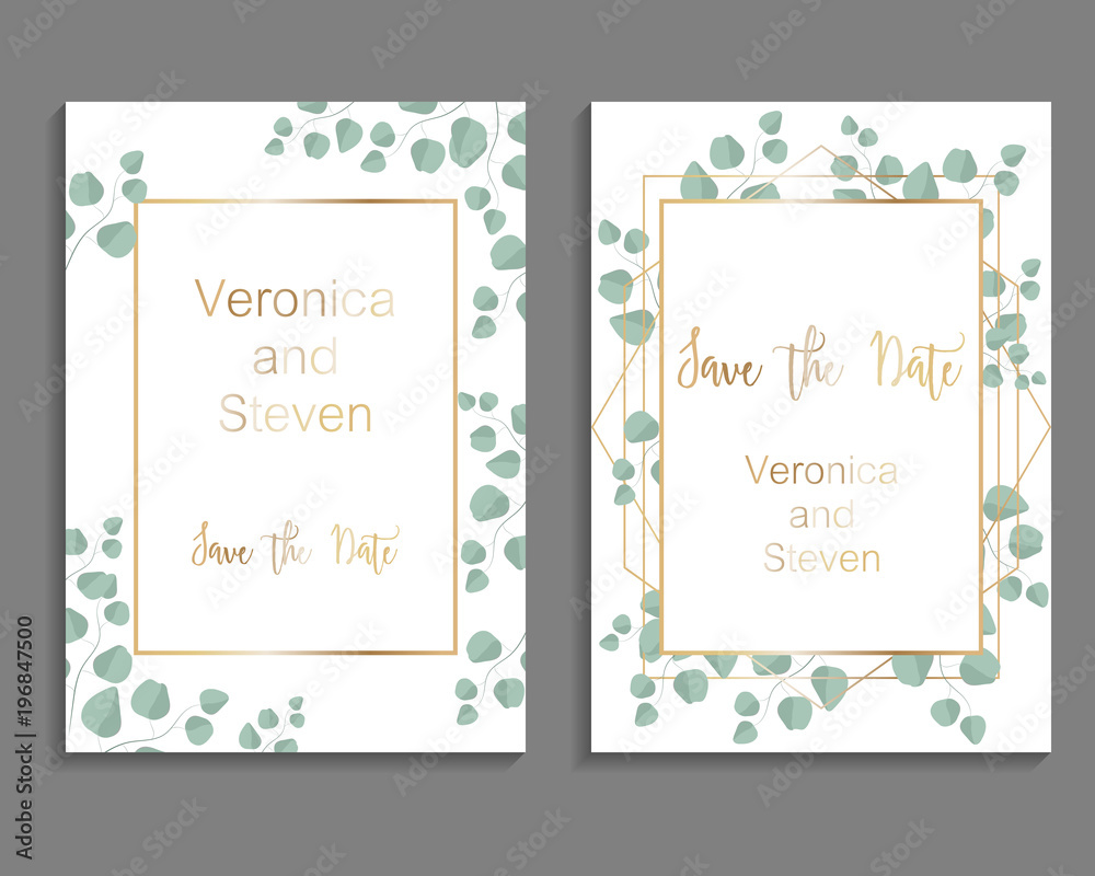 Wedding Invitation, leaves invite card. Design with eucalyptus branch