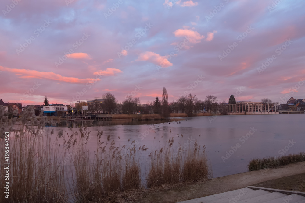The lake in the park of Boeblingen on a winter evening