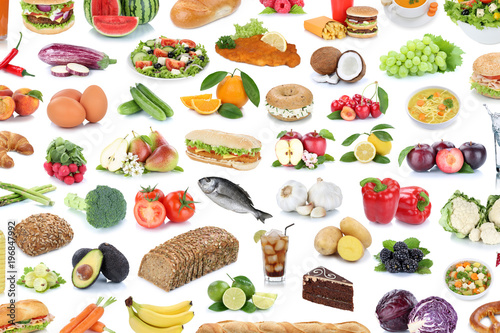 Essen Collage Hintergrund gesunde Ernährung Obst und Gemüse Früchte Food Freisteller photo
