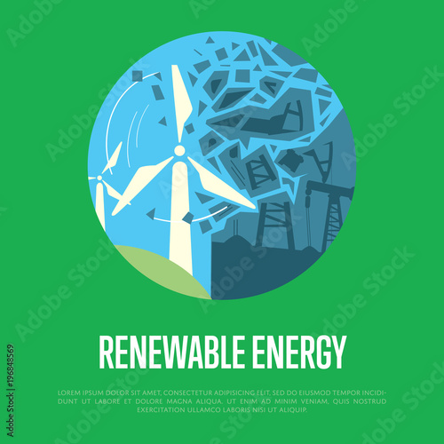 Vector illustration of evolution from industrial pollution to clean energy. Wind turbine destruction of traditional technologies. Industrial machine for petroleum. Renewable energy banner.