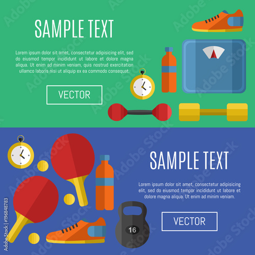 Fitness and healthy lifestyle horizontal banners with space for text, vector illustration set in flat style. Sports equipments on color background. Outdoors activity. Workout and gymnastics.