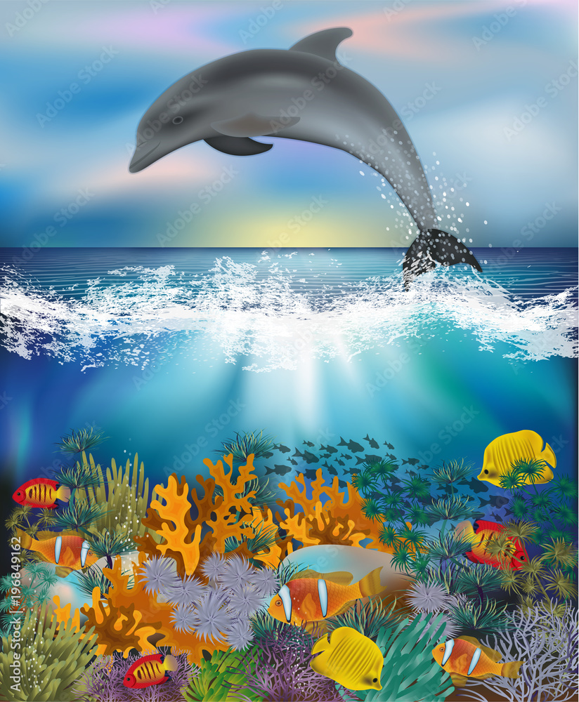 Underwater background with Dolphin and Tropical fish, vector ...