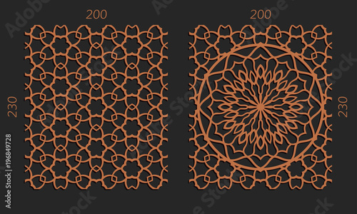 Laser cutting set. Woodcut vector trellis panels. Plywood lasercut floral design. Hexagonal seamless patterns for printing, engraving, paper cut. Stencil lattice ornaments.