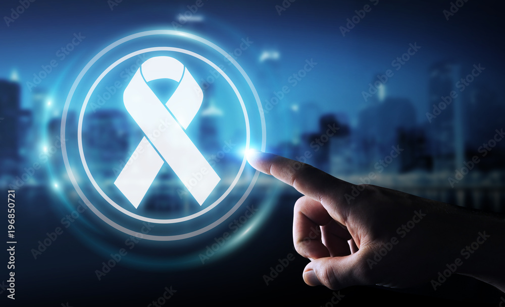 Businessman using digital ribbon cancer interface 3D rendering Businessman using digital ribbon cancer interface 3D rendering
