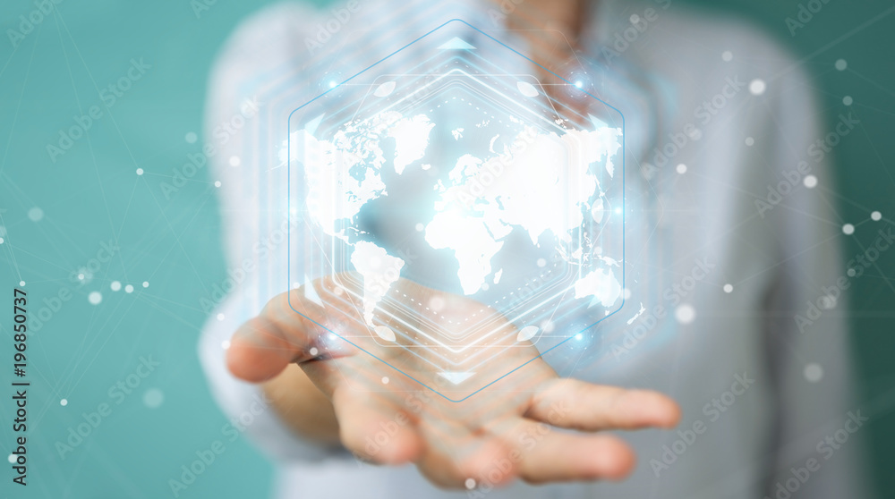 Businesswoman using digital world map interface 3D rendering Businesswoman using digital world map interface 3D rendering
