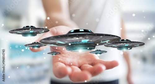 Fototapeta Naklejka Na Ścianę i Meble -  Businessman with retro UFO spaceship 3D rendering