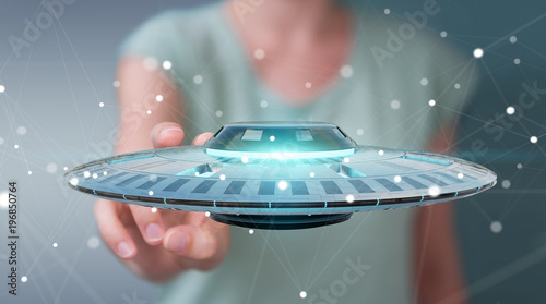 Fototapeta Naklejka Na Ścianę i Meble -  Businesswoman with retro UFO spaceship 3D rendering