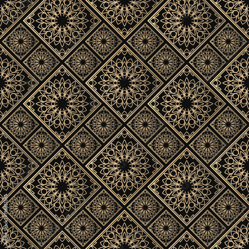 Islamic vector design. Seamless pattern oriental ornament. Black and golden textile print. Floral tiles.
